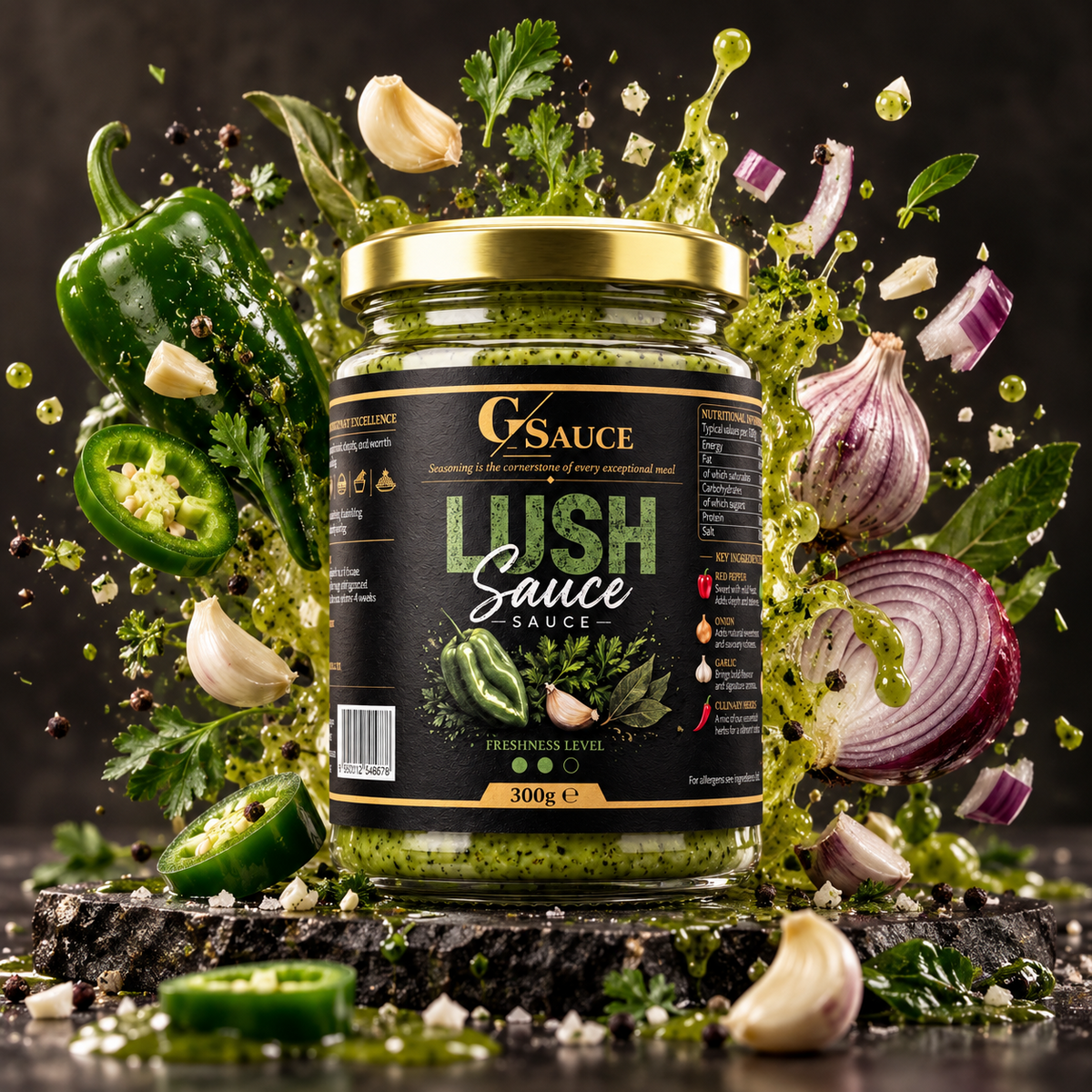 G Sauce Lush Sauce 300g campaign image with green pepper, garlic and herbs