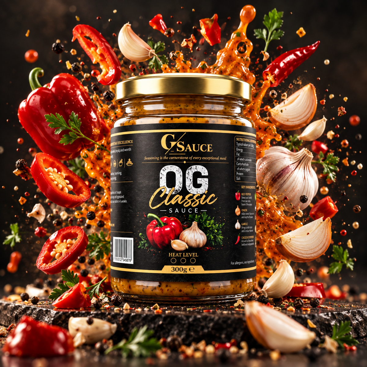 G Sauce OG Classic 300g campaign image with red pepper, garlic and herbs