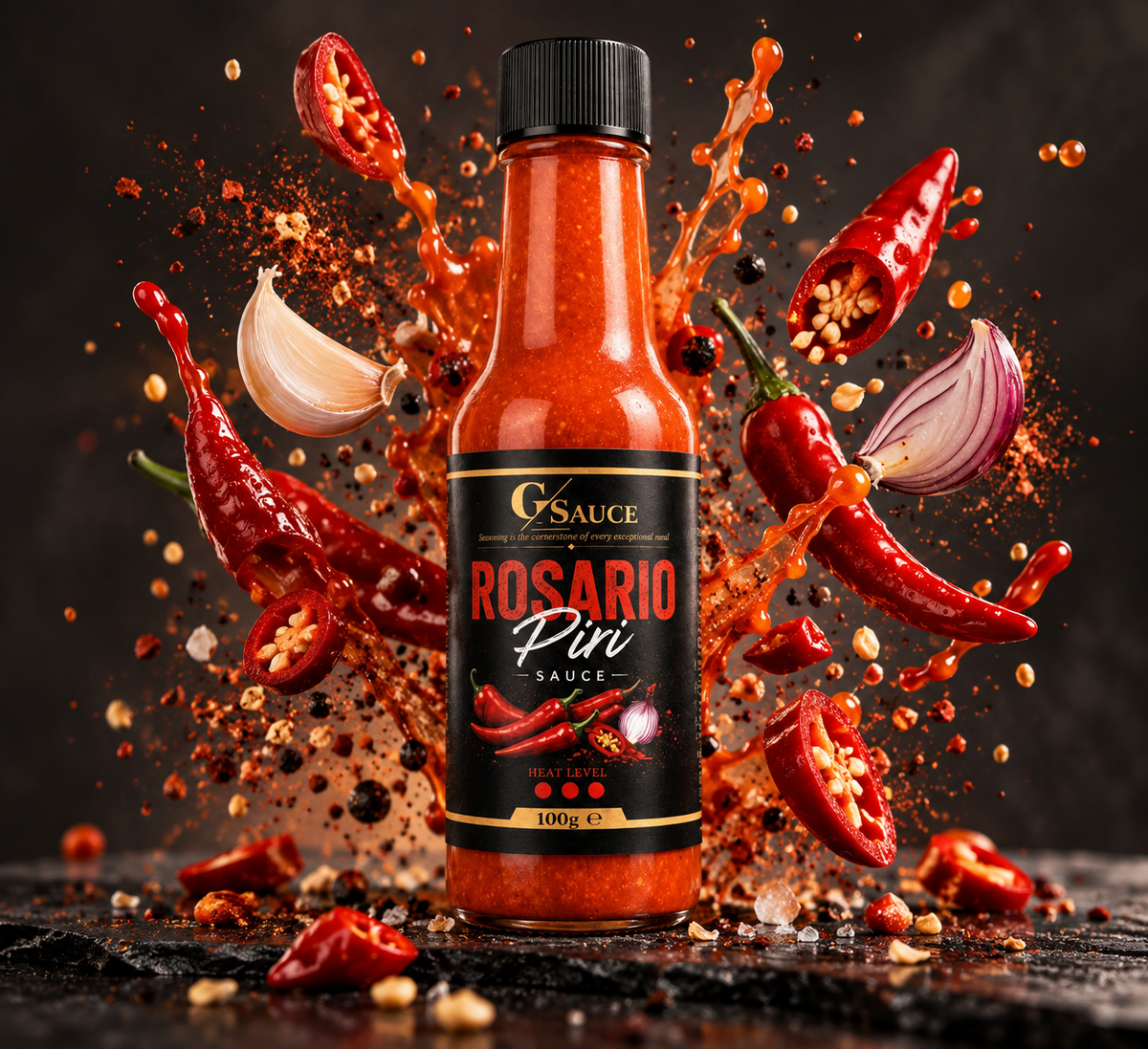 G Sauce Rosario Piri 100g campaign image with red chillies and onion